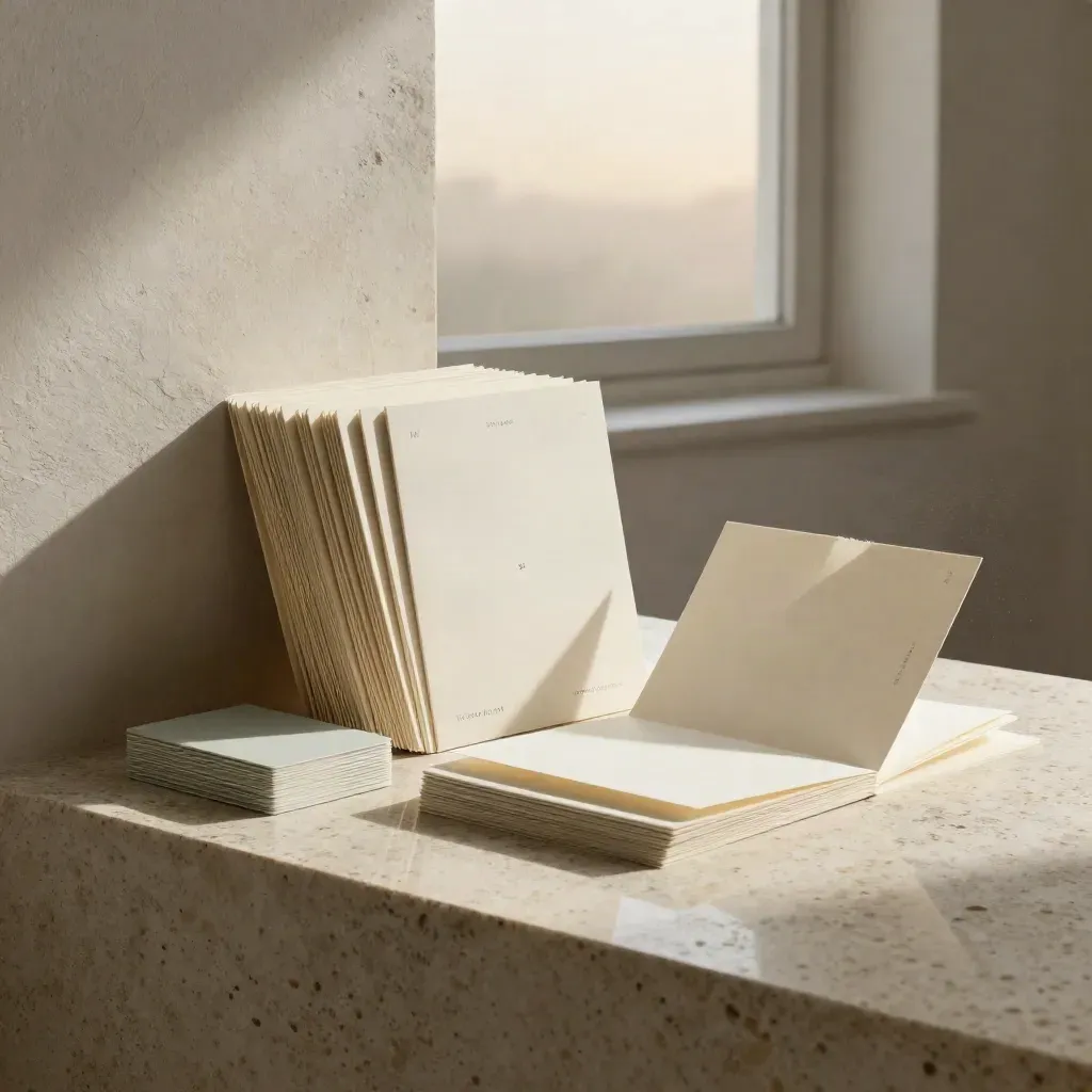 Brand identity starter kit folio with cards, swatches and booklet in dawn studio light.