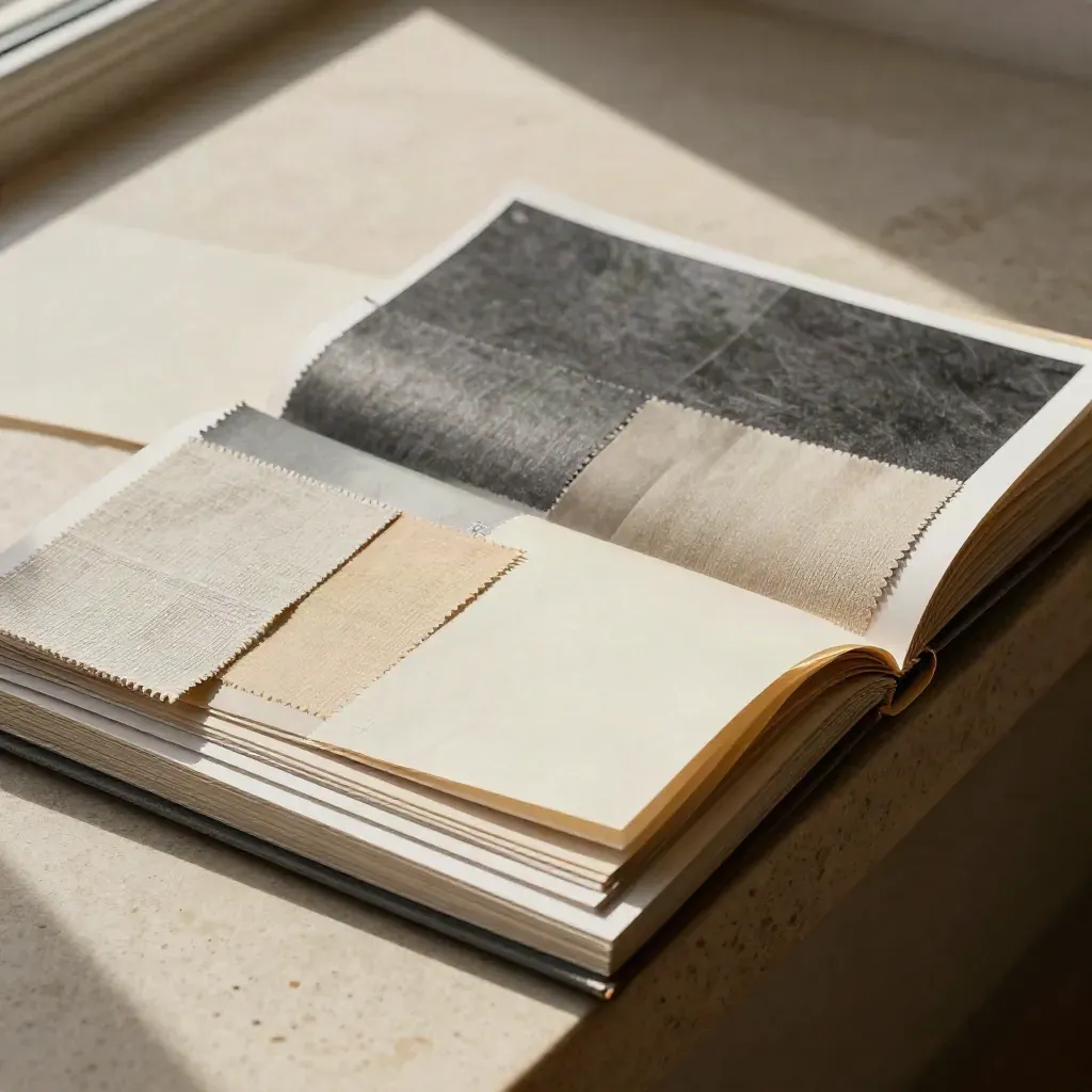 Half-open strategy folio with swatches and linen samples on limestone