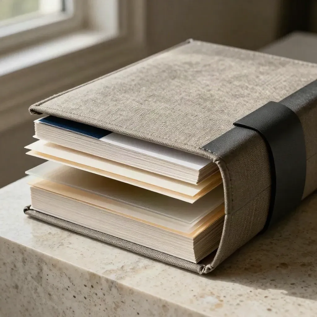 Macro linen portfolio with proof cards and material samples in raking light.
