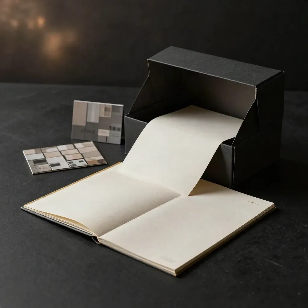 Open launch kit box with mock tiles and lookbook on a dark studio floor, dramatic product lighting.