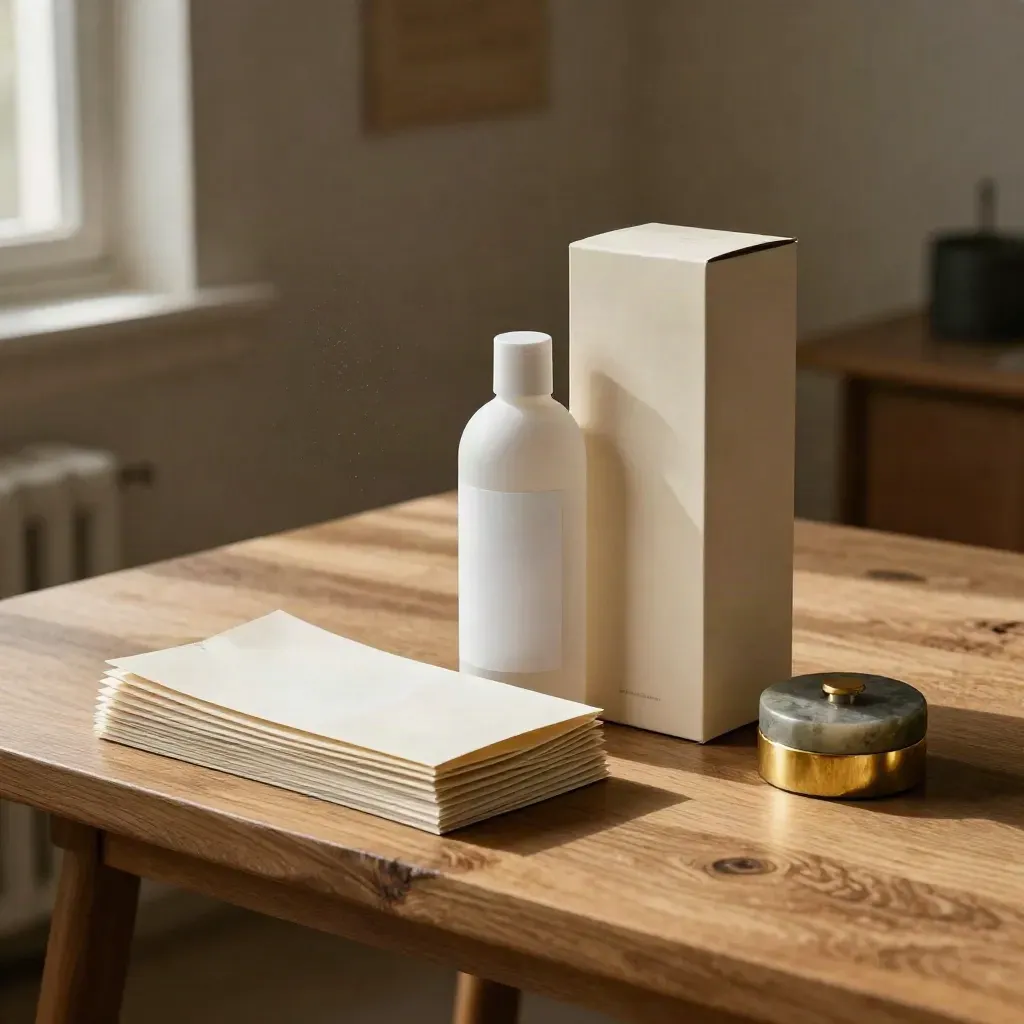 Packaging mockup set with carton shells, bottle form, tissue wrap and stone weight on an umber bench.