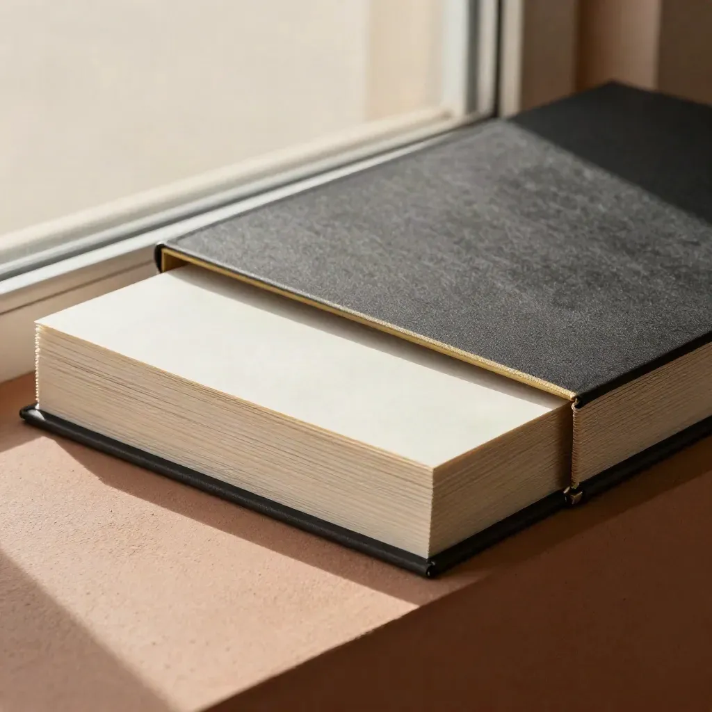 Packaging copy deck sleeves sliding from a matte folio on a terracotta ledge