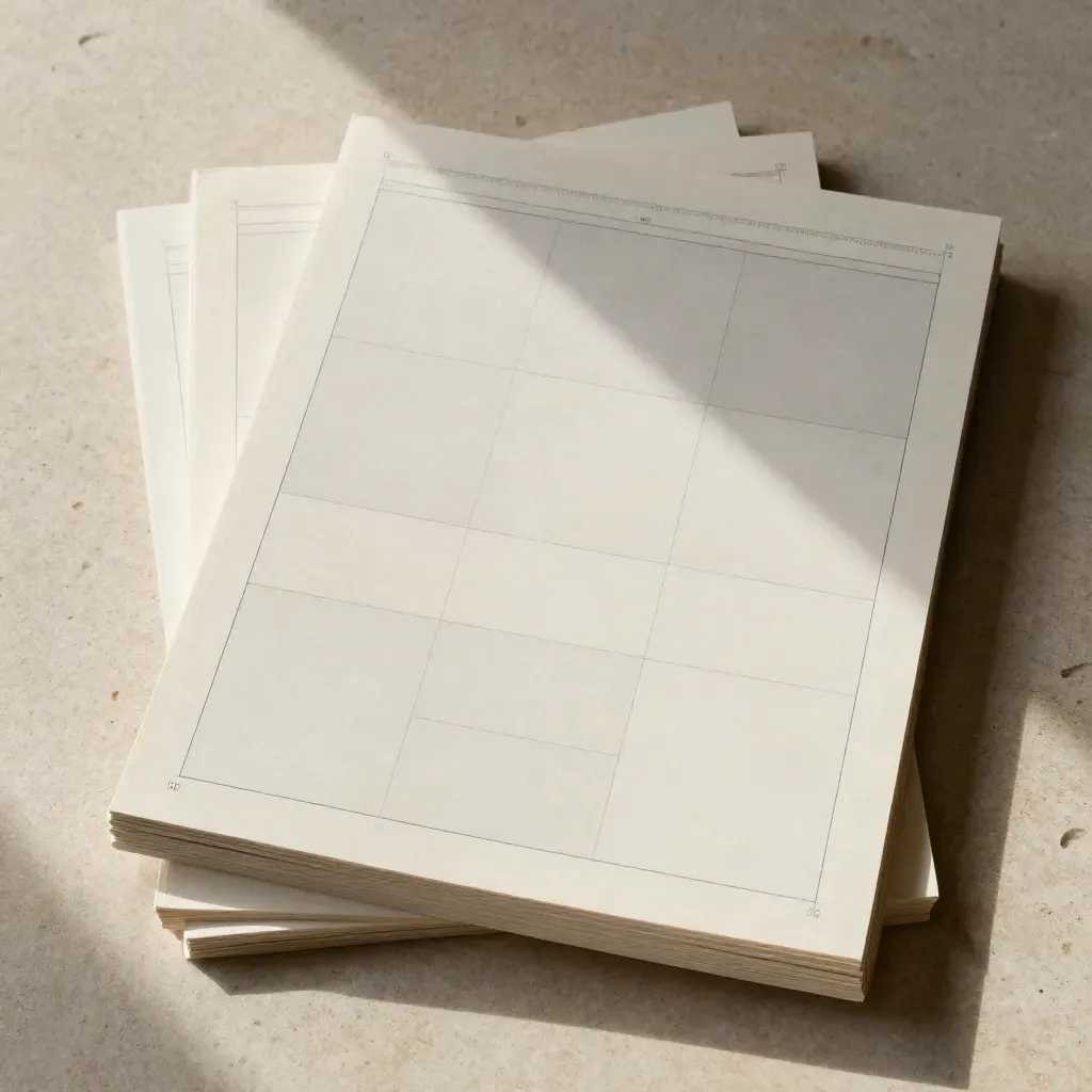 Overhead flatlay of ivory homepage wireframe sheets with vellum overlays and alignment card