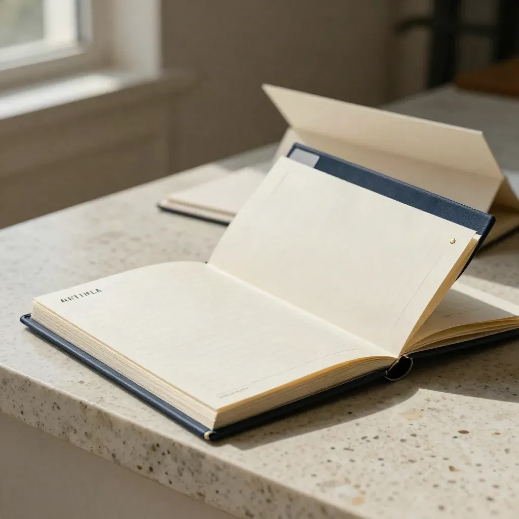 Mini brand audit folio with navy tab, color chips, folded sample board on travertine.