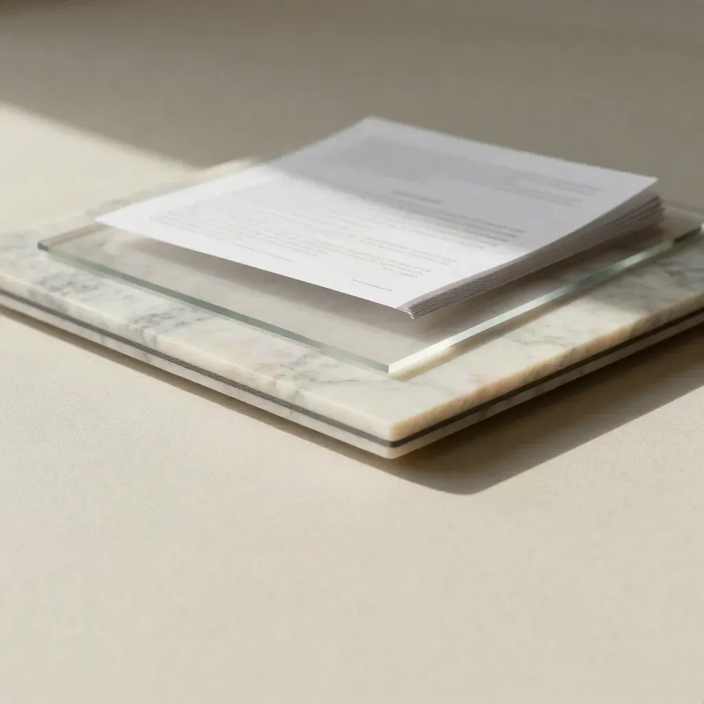 Pale marble slab, translucent acrylic, and blurred pages in soft light over calm copy space.